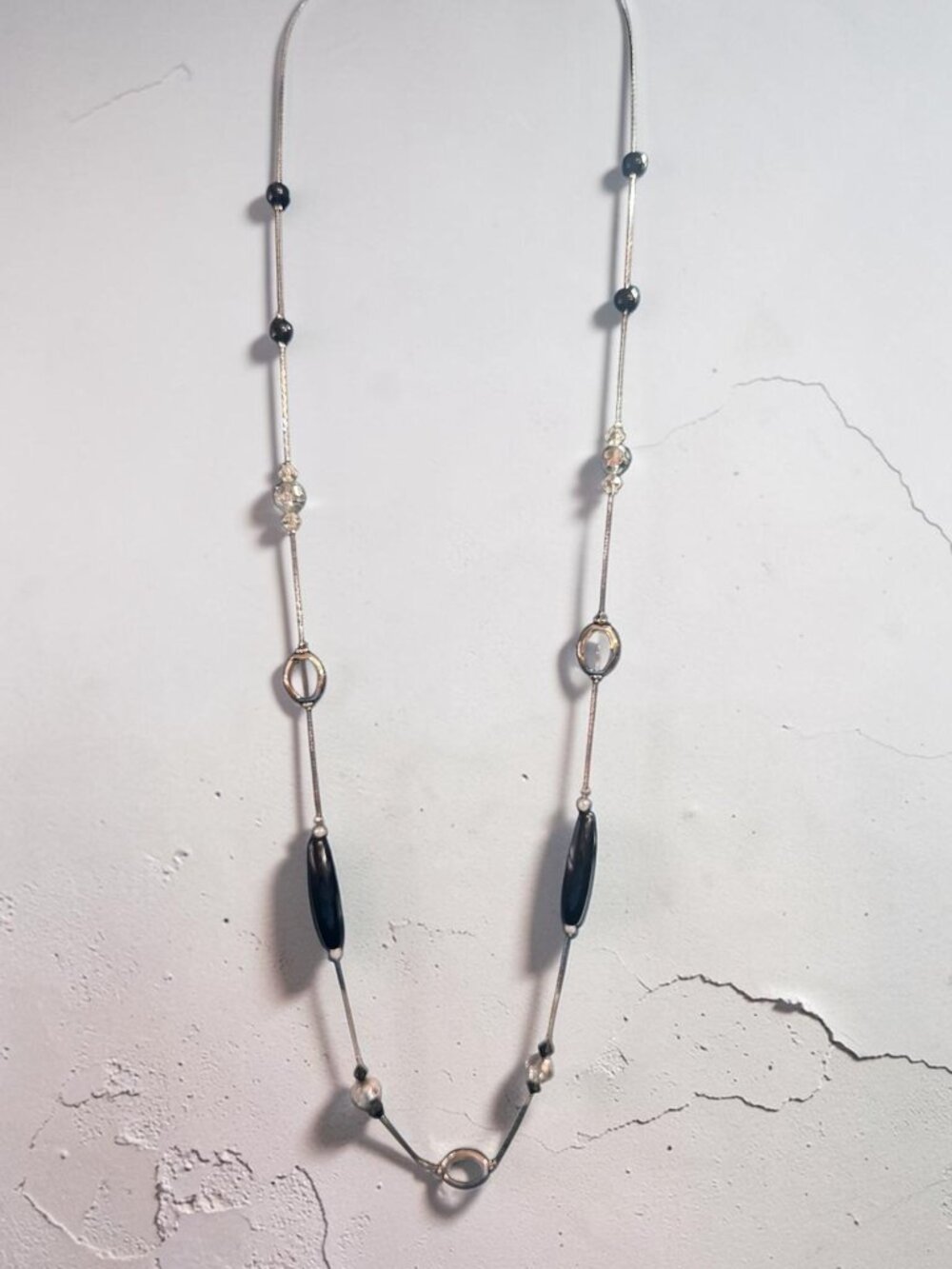 Silver & Black Beaded Long Necklace With Lobster Clasp Closure